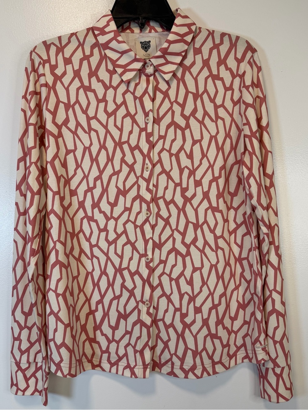 LITA by Ciara Geometric Print Button-Up Shirt Dusty Rose and Cream Women’s Large